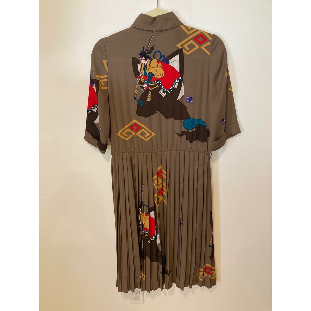 Italiya Japanese Label Midi Silk-like Pleated Dress Japanese Blockprint Sz S/M - Picture 6 of 11